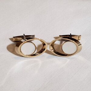 Vintage Art Deco Gold Tone Oval Mother of Pearl Cufflinks Bullet Back
